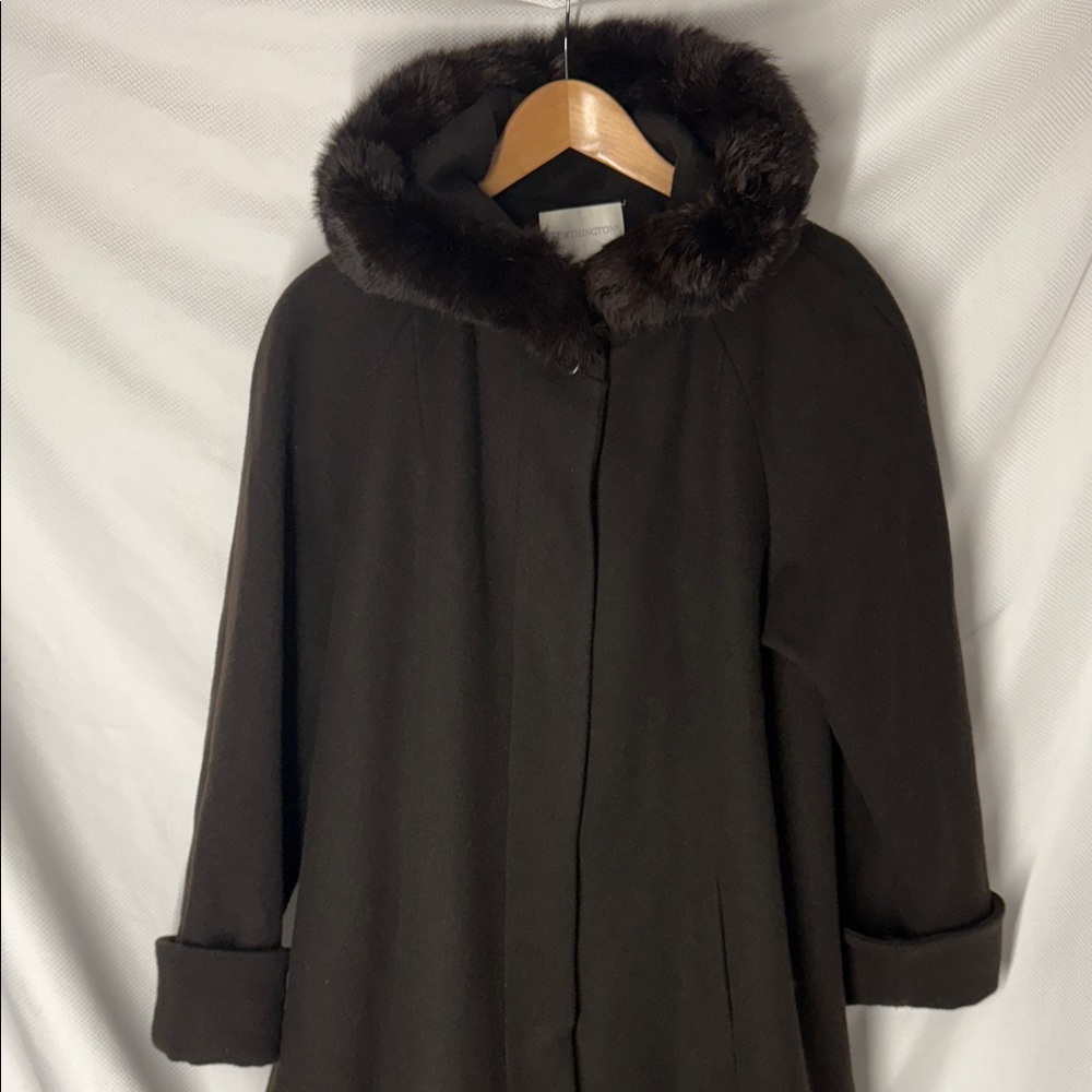 Brown Worthington Wool Trench Coat with Rabbit Fur-Trimmed Hood - Size 12
